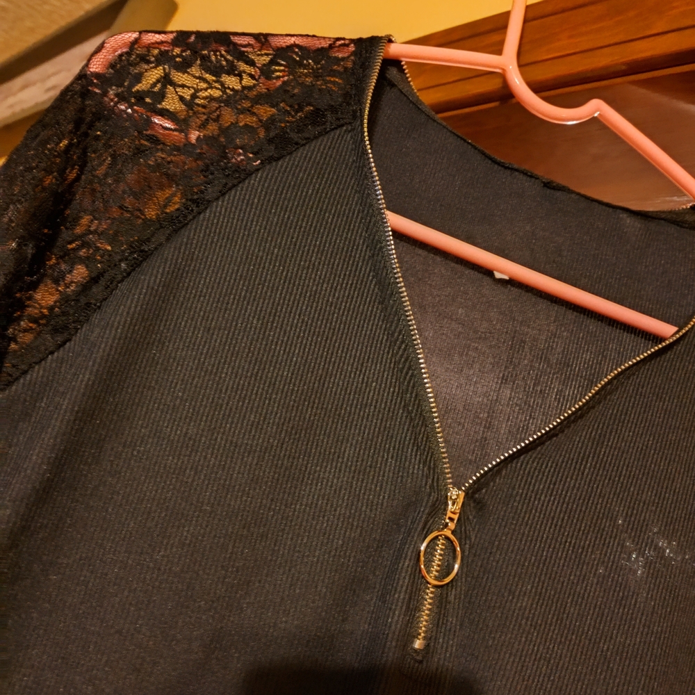 Black Lace Sleeve V-Neck Top with Zip Detail - Picture 3 of 3